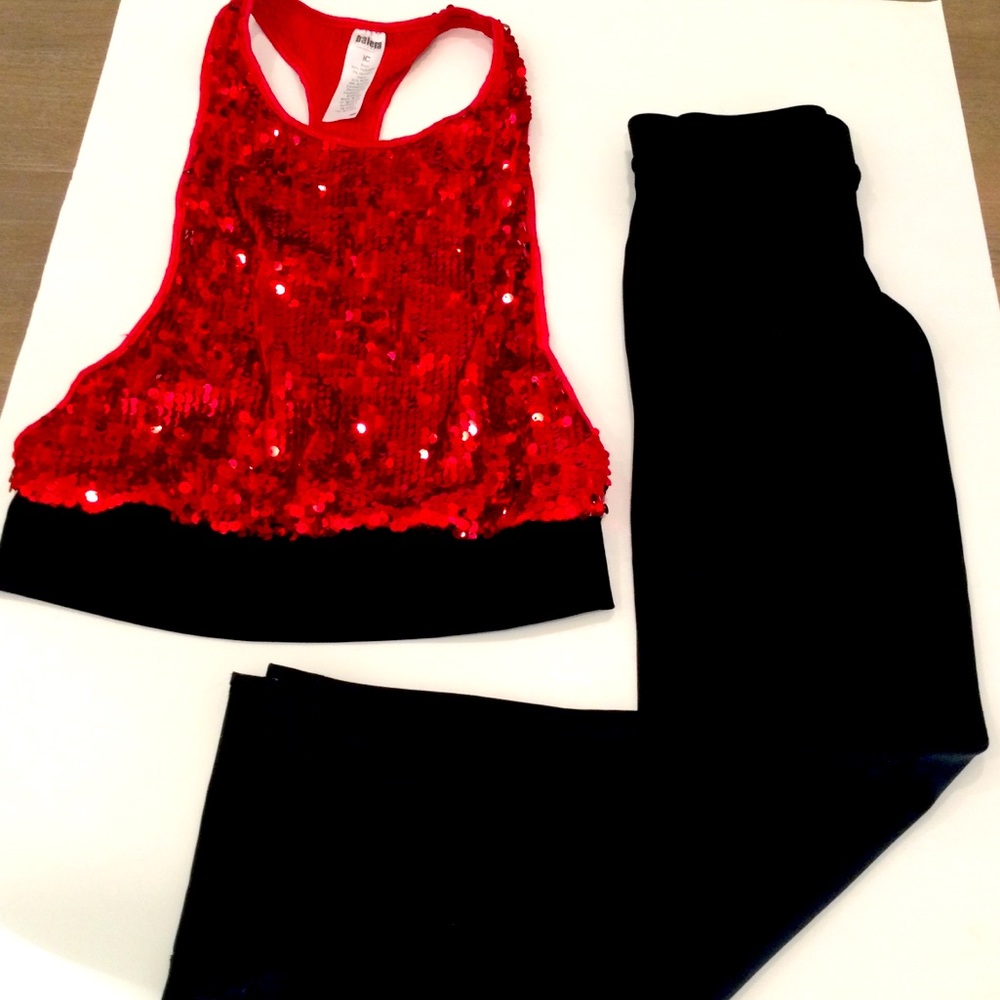 Balera Girls Dance Outfit Red Sequin Top Sz IC 6-7  Blk Stretch Pants Sz SC 6-6x